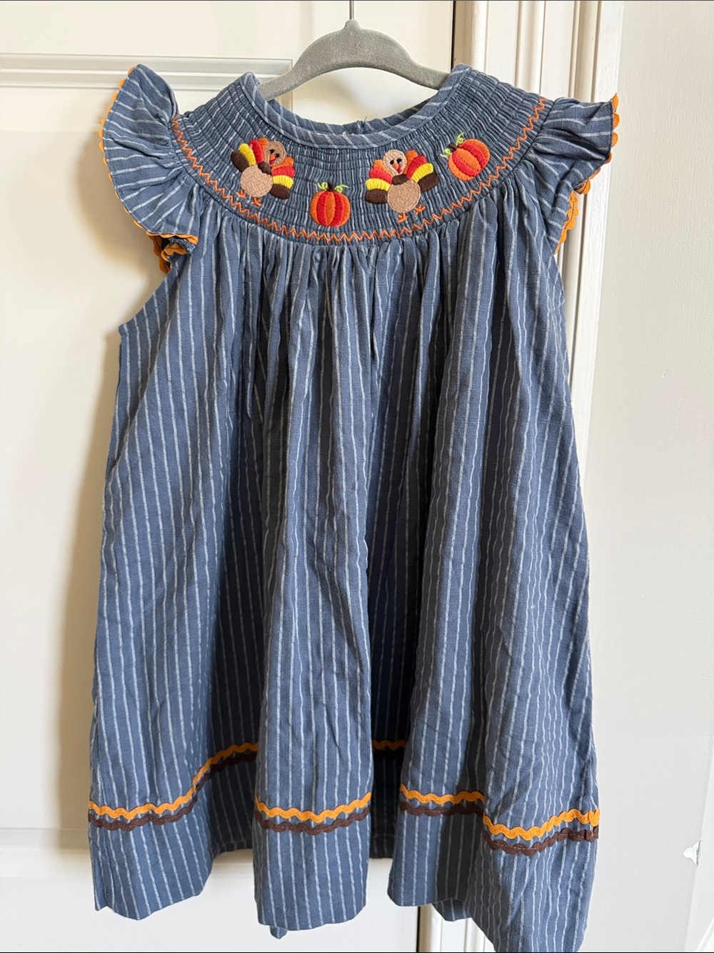 Girls Blue Pinstripe Smocked Thanksgiving Dress with Turkeys and Pumpkins!